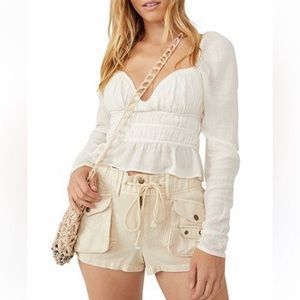 Free People Chloe Puff Sleeve Blouse Smocked Peasant Top Size XS